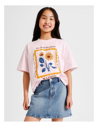 Short Sleeve Slouch Dad Tee in Flower Market and Pink
