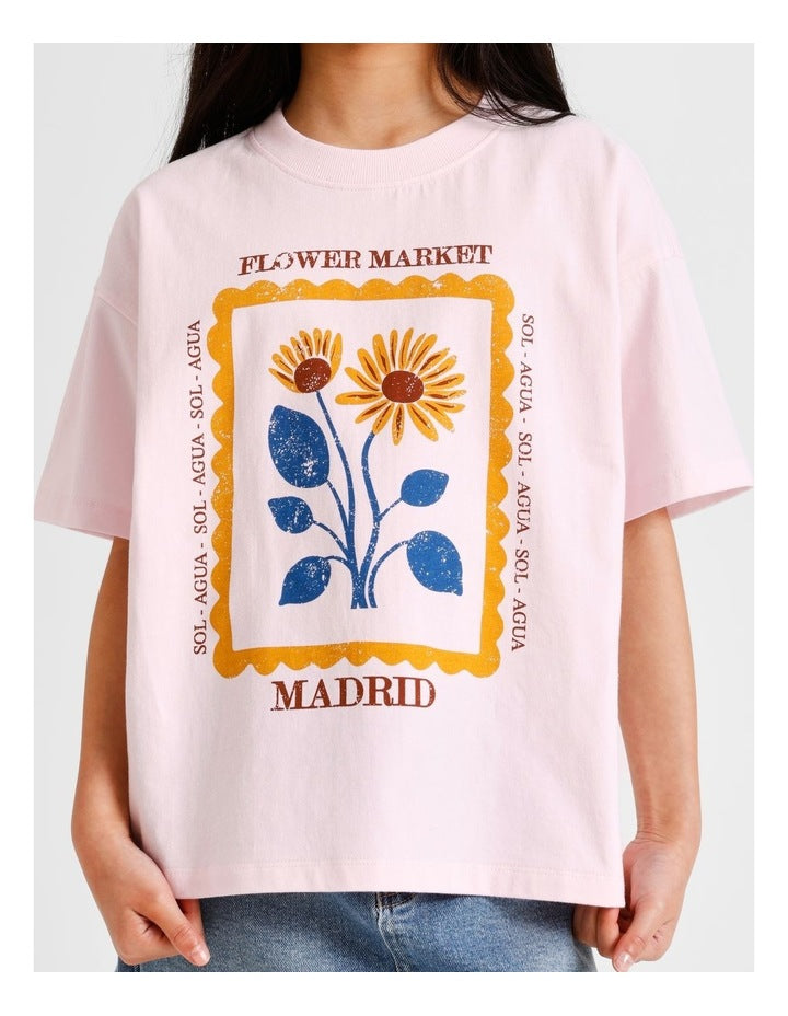 Short Sleeve Slouch Dad Tee in Flower Market and Pink