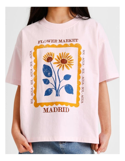 Short Sleeve Slouch Dad Tee in Flower Market and Pink