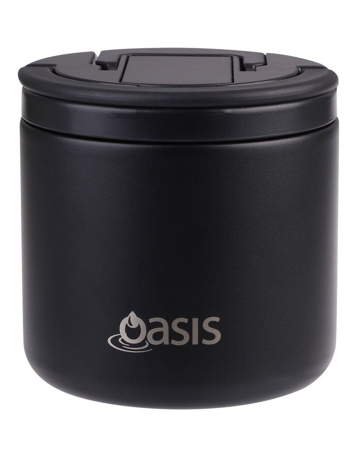 Double Wall Insulated Food Flask With Quick Release Lid and Spork 550ml in Black