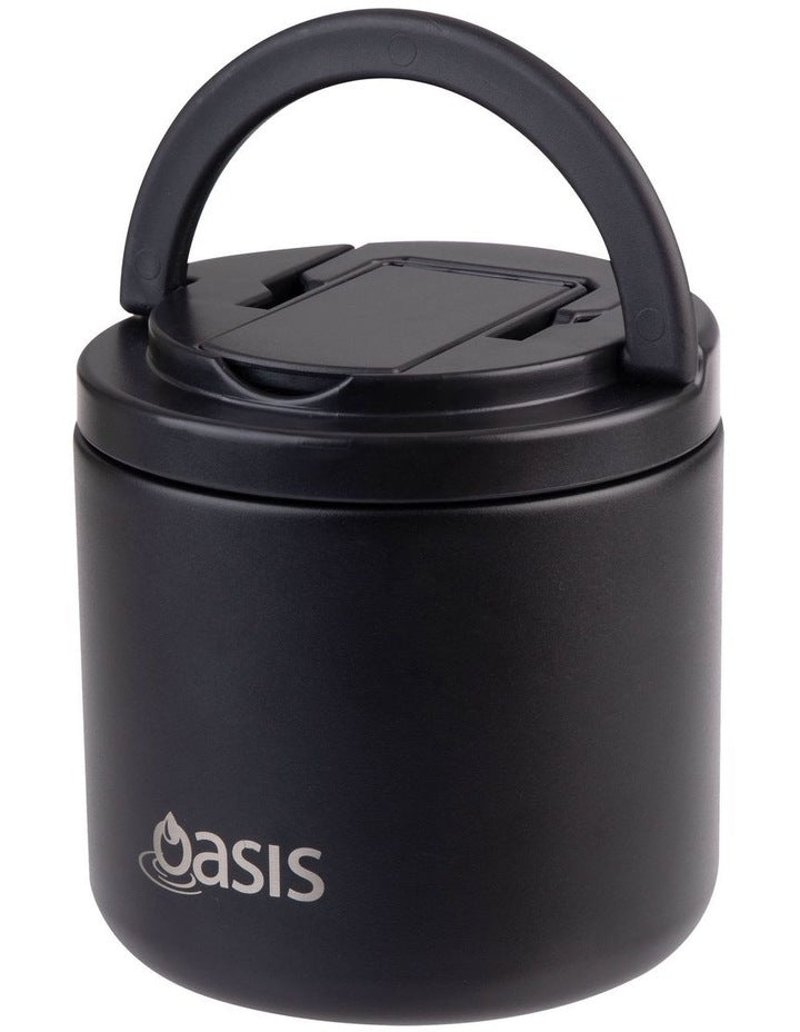 Double Wall Insulated Food Flask With Quick Release Lid and Spork 550ml in Black
