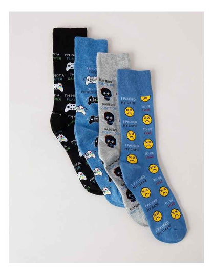 4 Pack Gamer Socks in Black/Parisian Blue