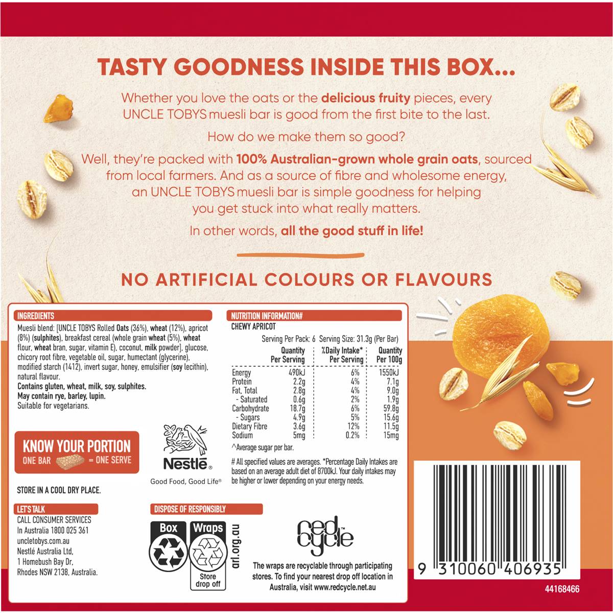 Uncle Tobys Muesli Bars Chewy Apricot 6 Pack