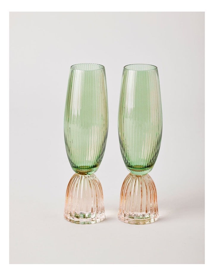 Pastel Brights Champagne Flute Set of 2 in Green/Pink