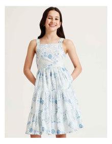 Sleeveless Broderie Tiered Midi Dress in Light Blue
