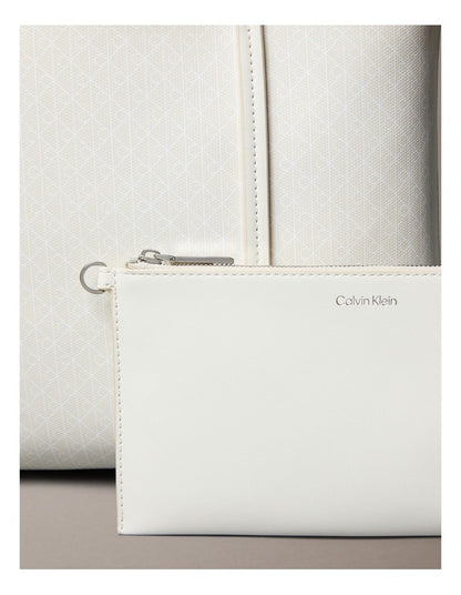 Emblem Allover Print Tote Bag With Pouch in White