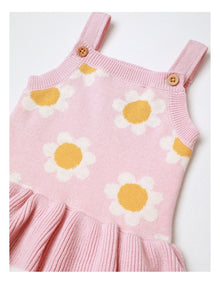Kitty Fully Fashion Daisy Jacquard Knit Romper with Peplem in Pink
