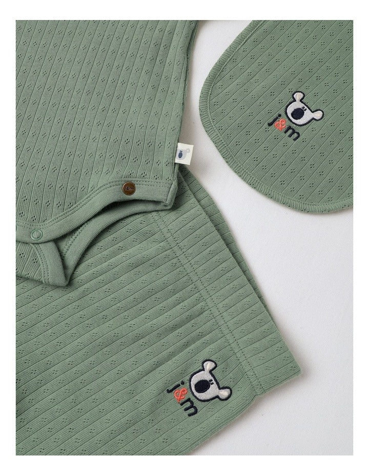 Newborn Baby Embroidered Pointelle Gift Set in Sage