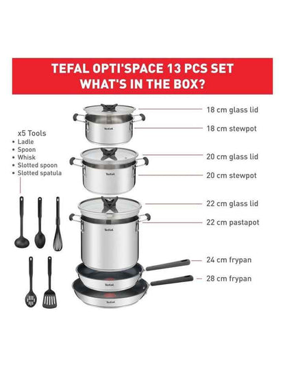 Opti Space Induction Stainless Steel 13Piece Set in Silver