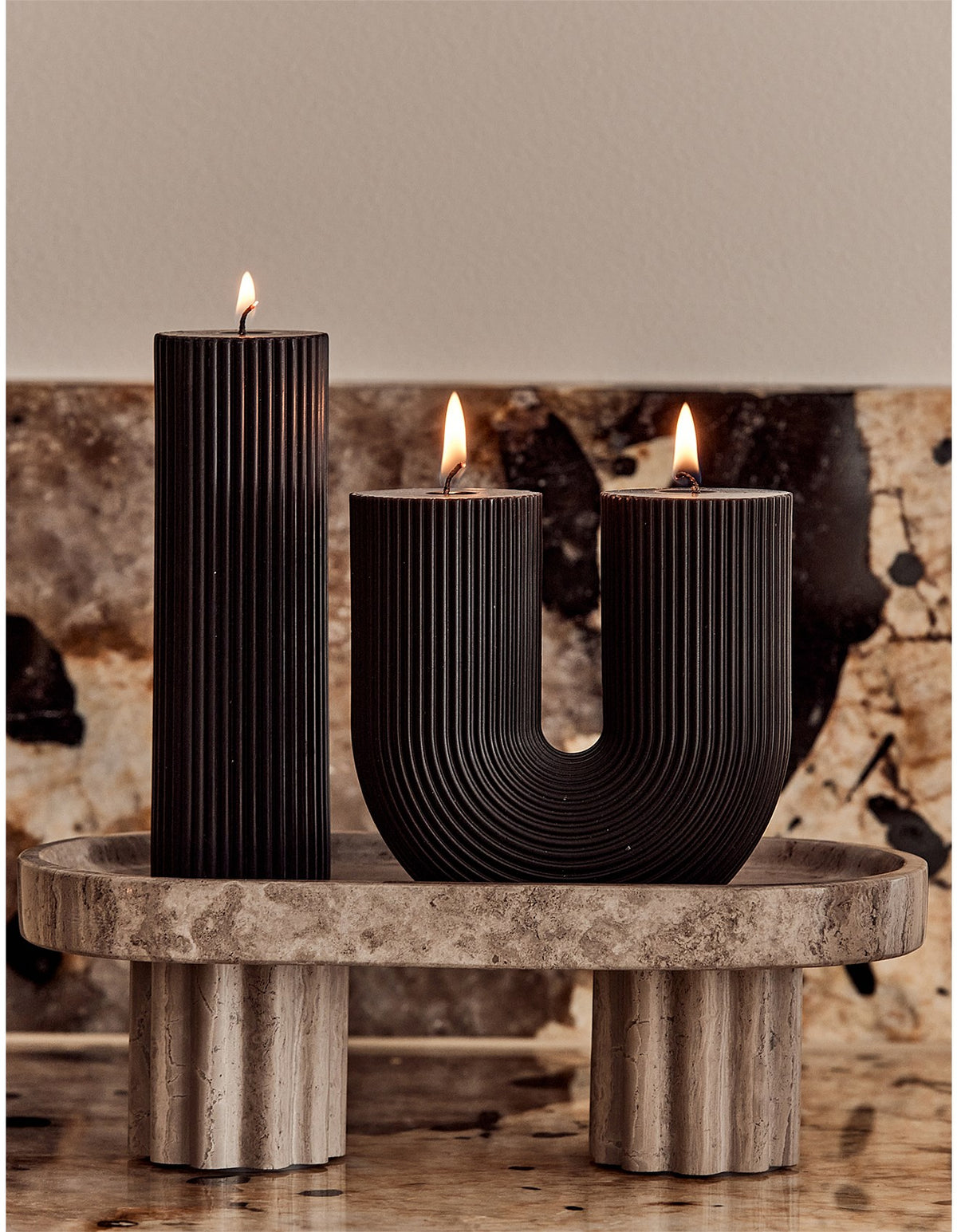 Wide Column Pillar 15cm Unscented Ribbed Candle Black
