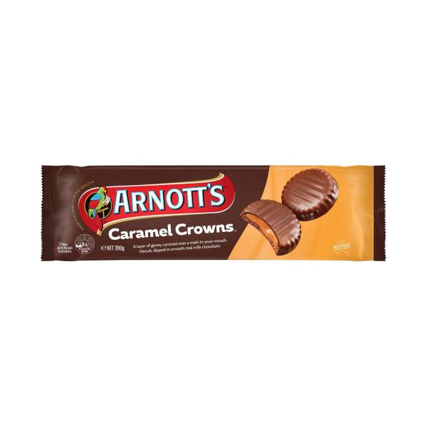 ARNOTT'S CARAMEL CROWNS CHOCOLATE BISCUITS 200G