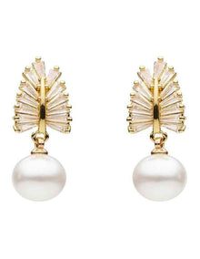 Pearl and Crystal Leaf Drop Earrings in White