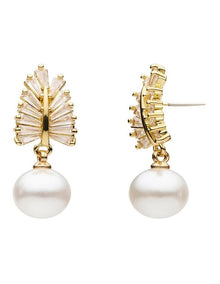 Pearl and Crystal Leaf Drop Earrings in White