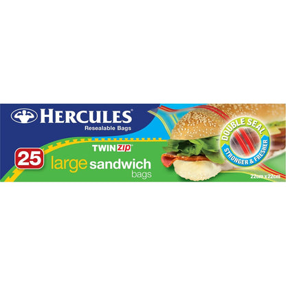 Hercules Click Zip Large Resealable Twinzip Sandwich Bags 25 pack