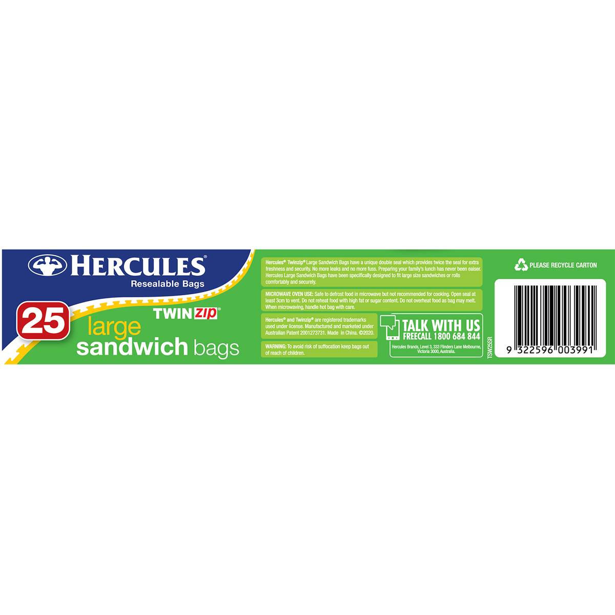 Hercules Click Zip Large Resealable Twinzip Sandwich Bags 25 pack