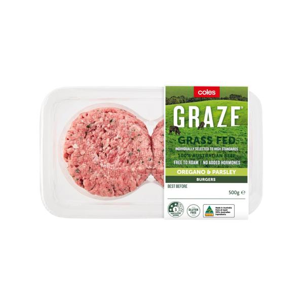 COLES GRAZE GRASS FED BEEF BURGER 500GRAM