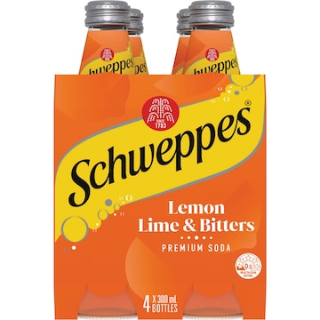 Schweppes Lemon Lime Bitters Soft Drink Glass Bottle 300mL x 4 pack