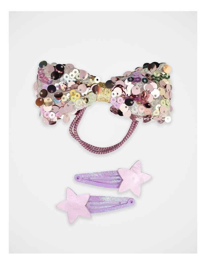 Sequin Bow Hairtie and Star Hair Clip 3Paxk in Purple
