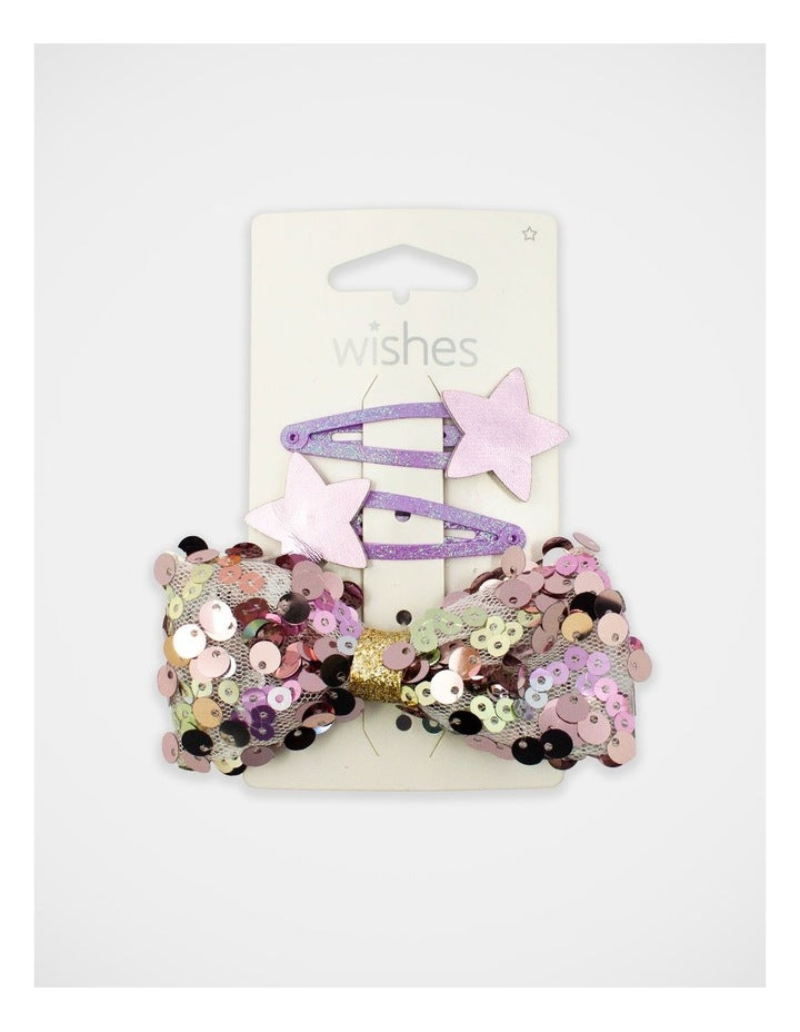 Sequin Bow Hairtie and Star Hair Clip 3Paxk in Purple