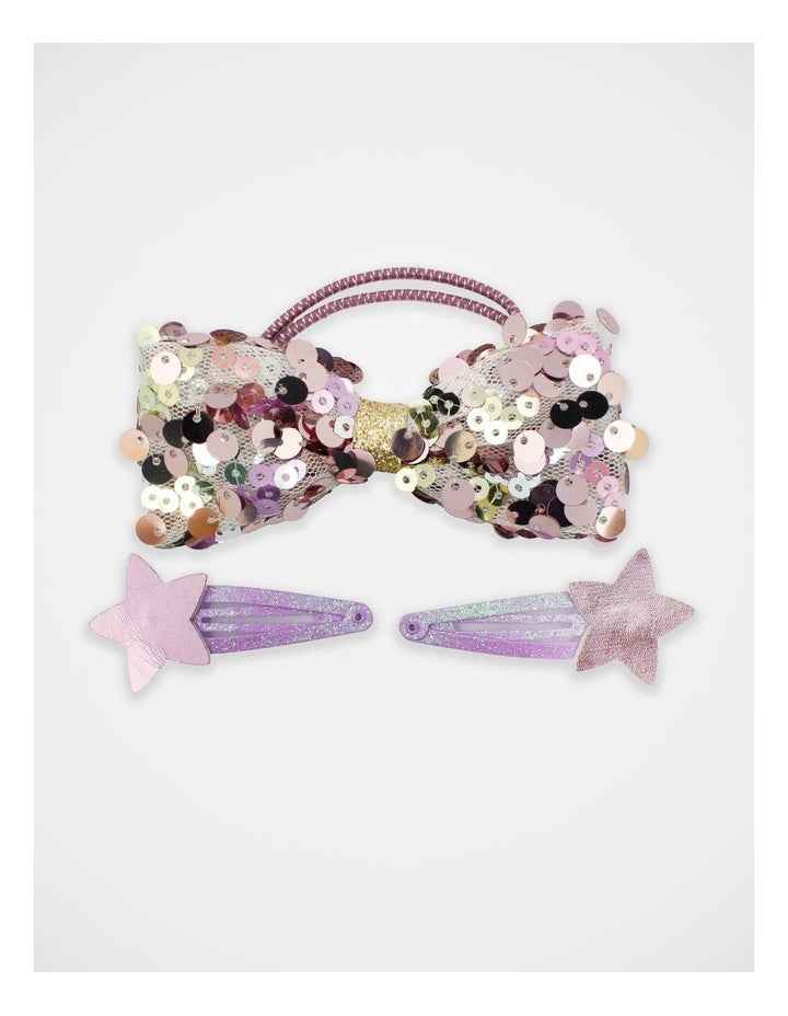 Sequin Bow Hairtie and Star Hair Clip 3Paxk in Purple