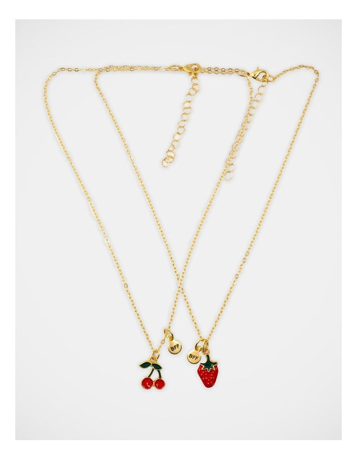 Cherry and Strawberry Bff Necklace Set in Gold