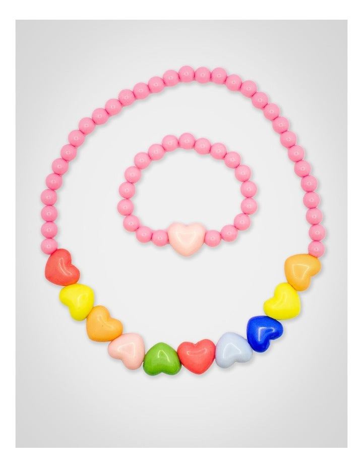 Beaded Heart Necklace and Bracelet Set in Multi