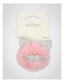 Fur Pom Pom Cat Hairtie in Pink & Silver
