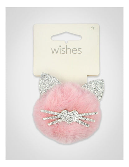 Fur Pom Pom Cat Hairtie in Pink & Silver