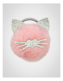 Fur Pom Pom Cat Hairtie in Pink & Silver
