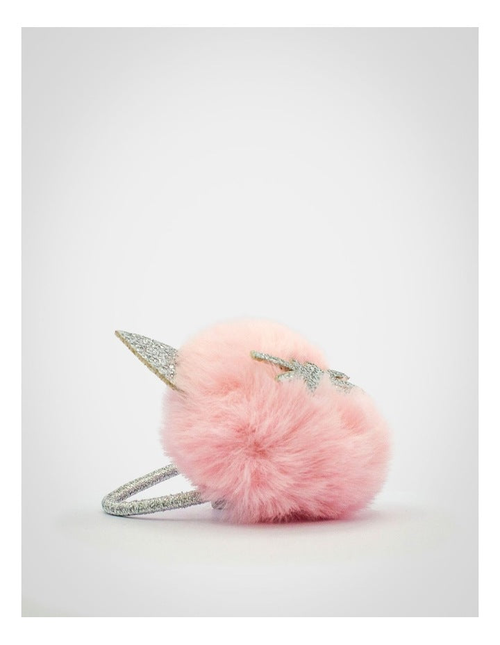 Fur Pom Pom Cat Hairtie in Pink & Silver