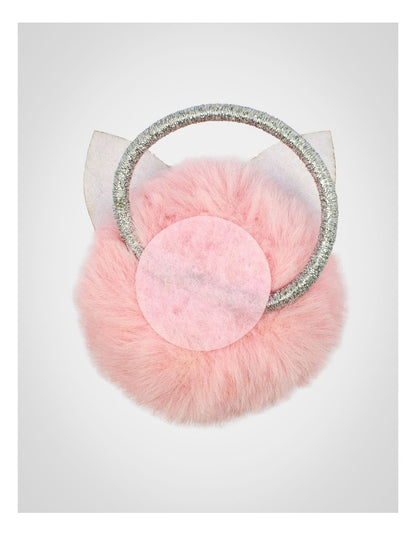 Fur Pom Pom Cat Hairtie in Pink & Silver