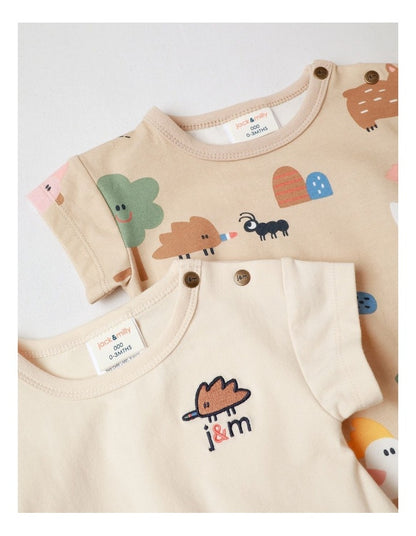 Naturals 2 Pack Bodysuit with Echidna Embroidery in Oatmeal