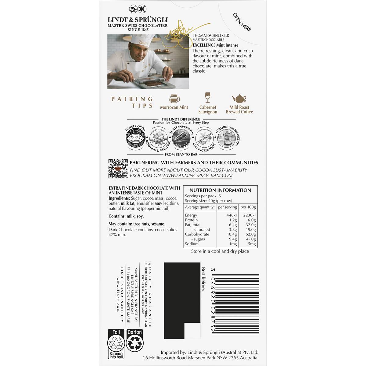 Lindt Excellence Mint Intense Dark Chocolate Block 100g
