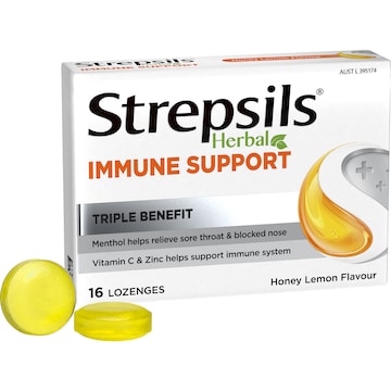 Strepsils Herbal Lozenges Immune Support Honey Lemon 16 pack