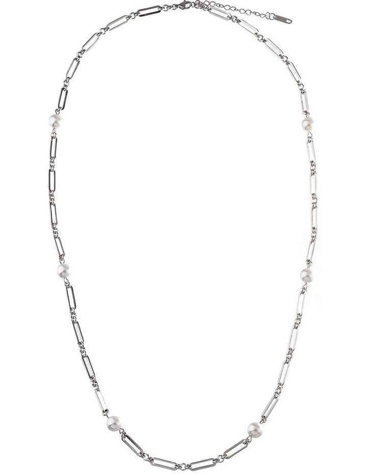 GJND004M - Long Link Pearl Necklace in Rhodium
