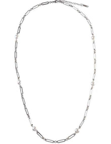 GJND004M - Long Link Pearl Necklace in Rhodium