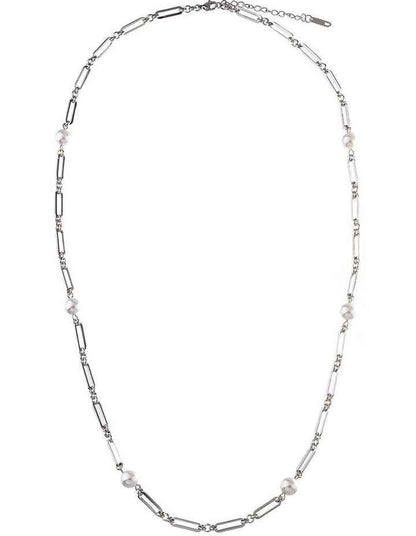 GJND004M - Long Link Pearl Necklace in Rhodium