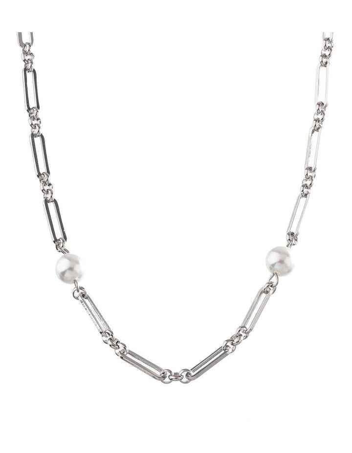 GJND004M - Long Link Pearl Necklace in Rhodium