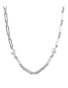 GJND004M - Long Link Pearl Necklace in Rhodium