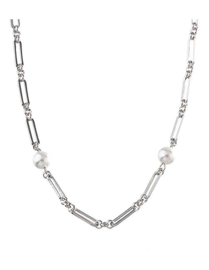 GJND004M - Long Link Pearl Necklace in Rhodium
