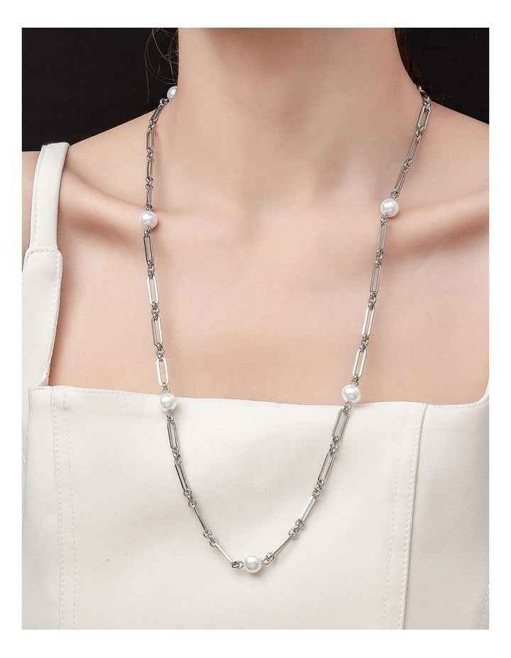 GJND004M - Long Link Pearl Necklace in Rhodium