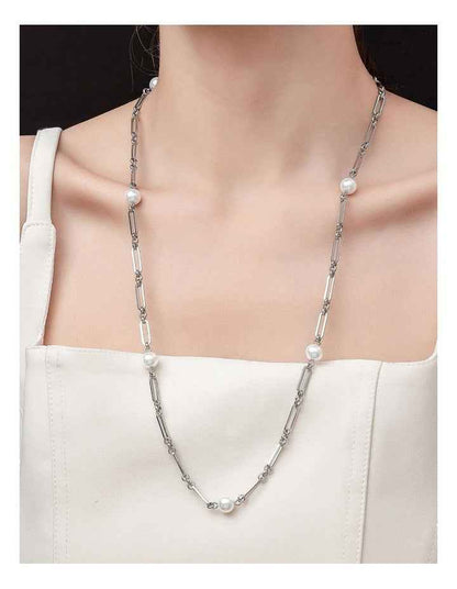 GJND004M - Long Link Pearl Necklace in Rhodium