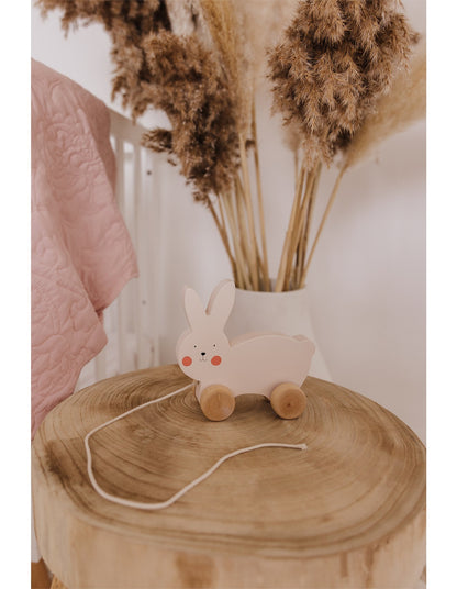 Charming Pink Wooden Rabbit Pull Along Toy