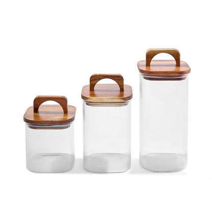 Set of 3 Linear Glass Canisters with Acacia Lids