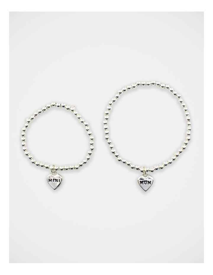 Mamma And Mini Beaded Heart Bracelet Set in Silver