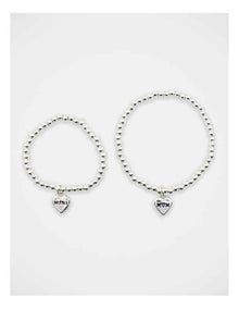Mamma And Mini Beaded Heart Bracelet Set in Silver