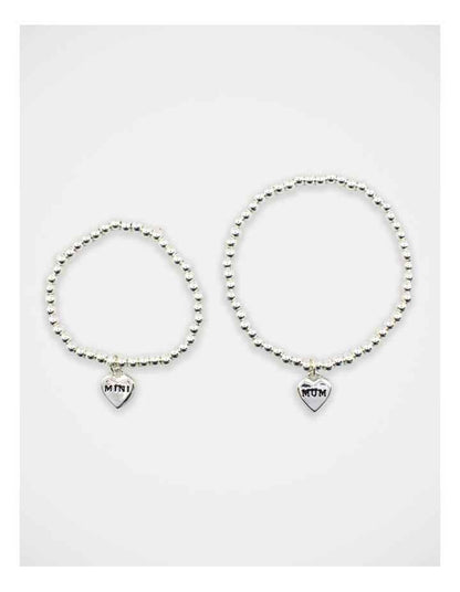 Mamma And Mini Beaded Heart Bracelet Set in Silver