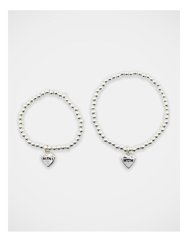 Mamma And Mini Beaded Heart Bracelet Set in Silver