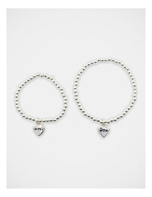 Mamma And Mini Beaded Heart Bracelet Set in Silver