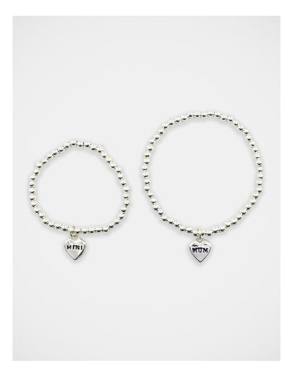 Mamma And Mini Beaded Heart Bracelet Set in Silver